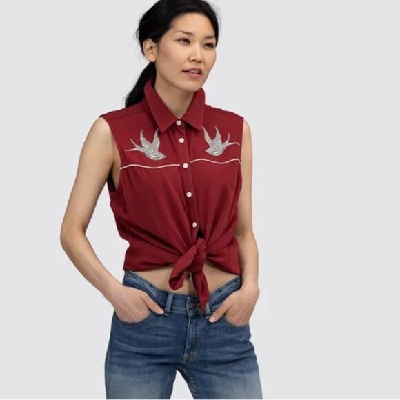 Harley-Davidson Moto Club Sleeveless Red Button Down Shirt Size Medium - Picture 9 of 12